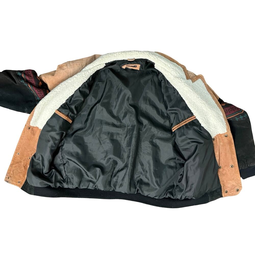 Vintage 90s Tan Black Leather Southwest Sherpa Lined Trucker Jacket size XXL - Picture 7 of 16